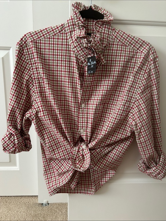 J. Crew Tops - J. Crew Red and White Plaid Button-Down Shirt with Ruffled Collar